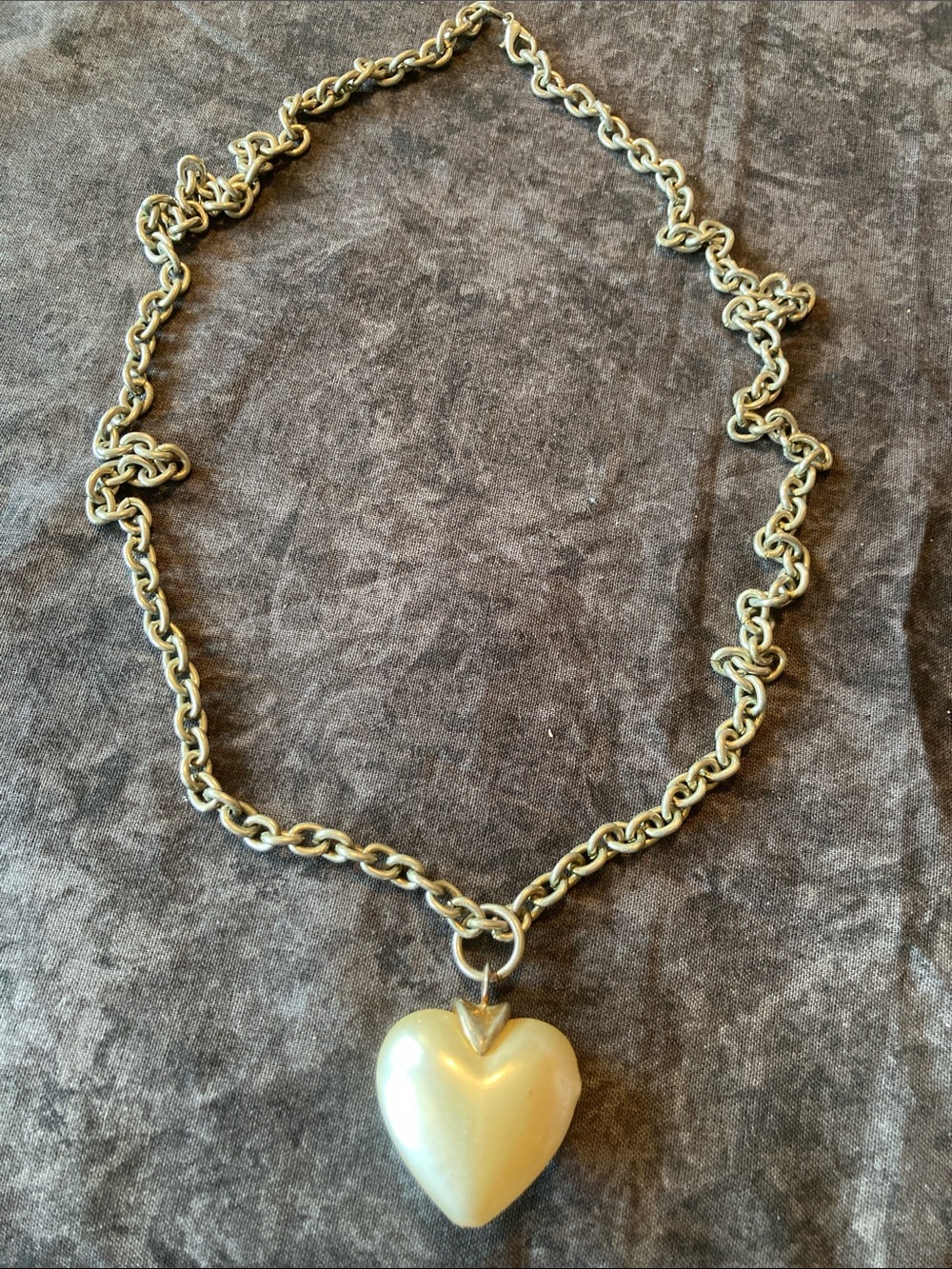 Silver Tone Chain Necklace with Large Cream Heart Pendant